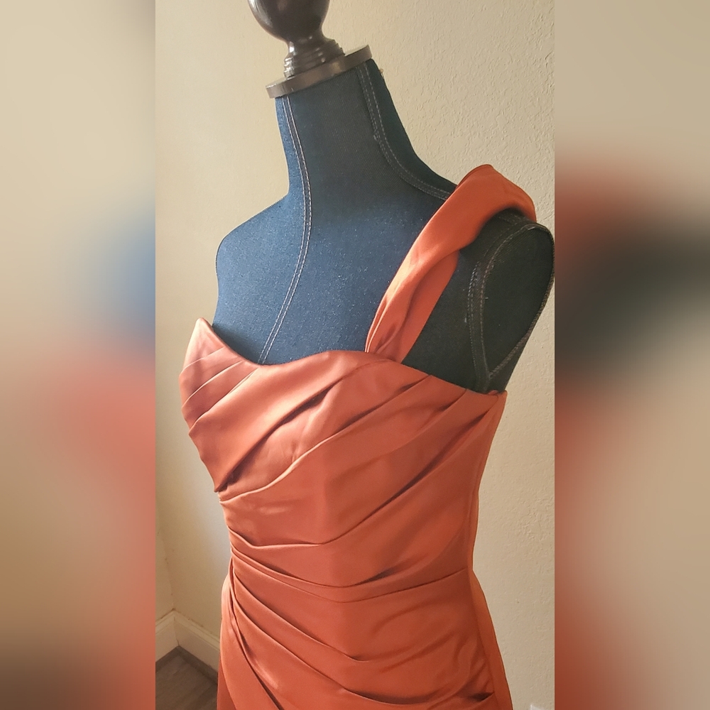 Impressions One-Shoulder Satin Dress in Rust